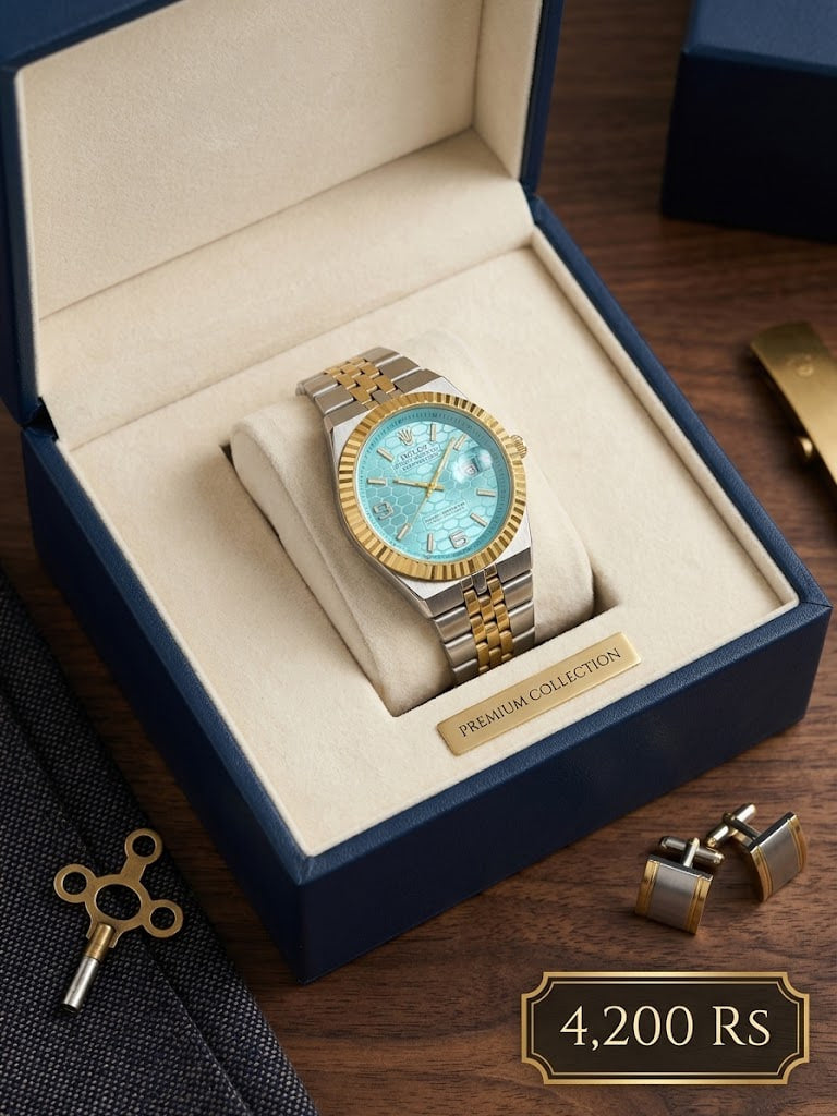 Luxury Two-Tone Fluted Bezel Watch – Ice Blue Textured Dial (Men's)